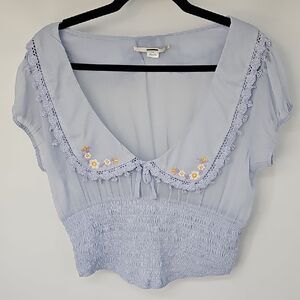 Sheer Delicate Puff Sleeve Cottagecore Top Blouse Embroidered Floral Collar
